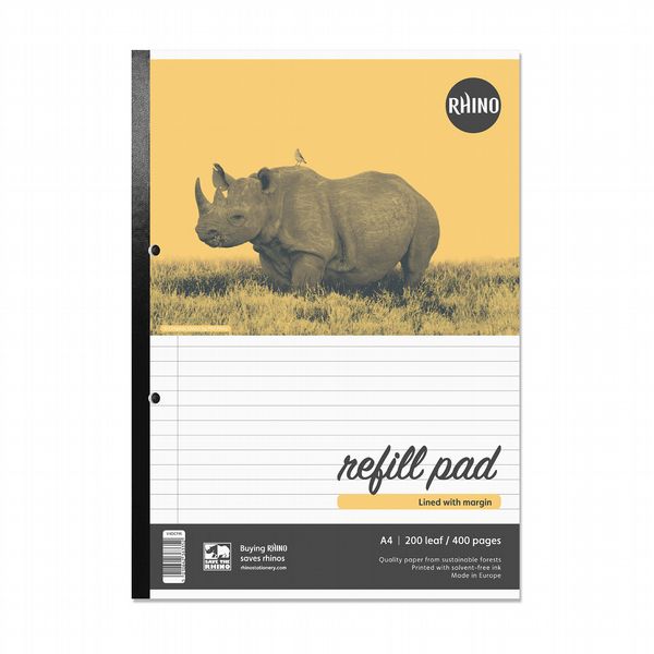 RHINO Office A4 Refill Pad Sidebound 400 Pages / 200 Leaf 8mm Lined with Margin